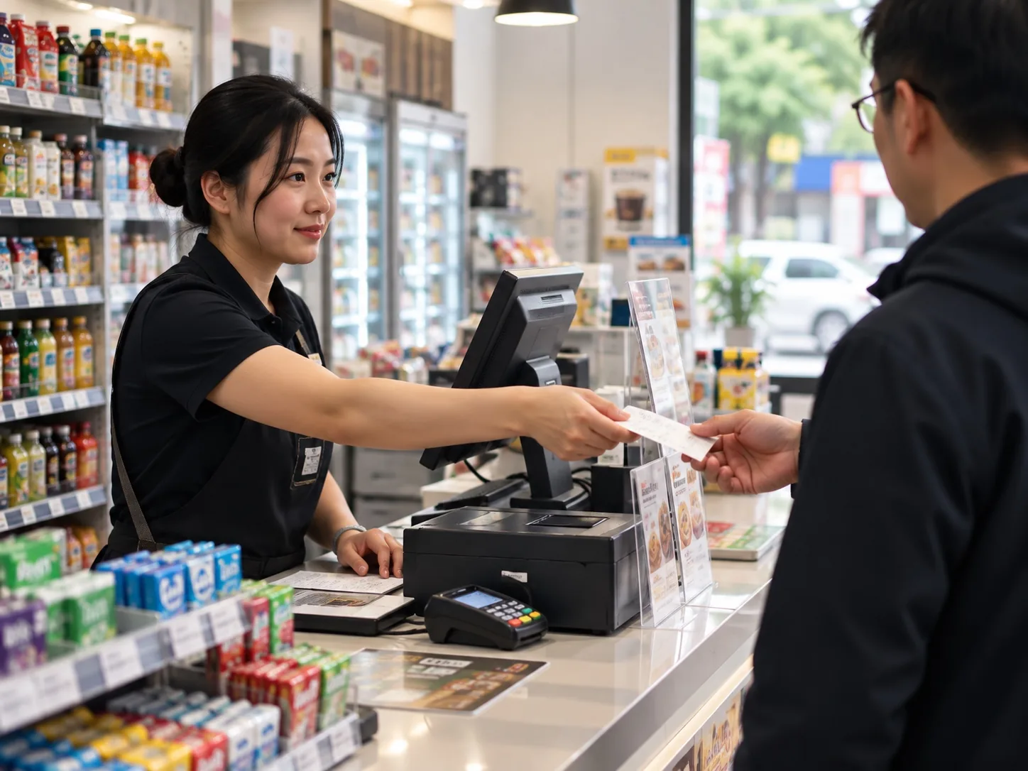 门店柜台：店员向顾客递送小票